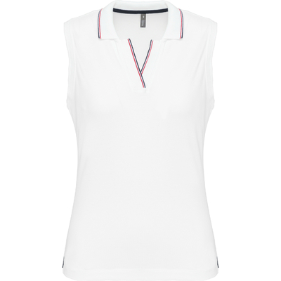 Polo sans manches femme Blanc -100% coton-Maille Piqué en coton peigné-col et patte non boutonnés et bord-côte avec liserés contrastés-