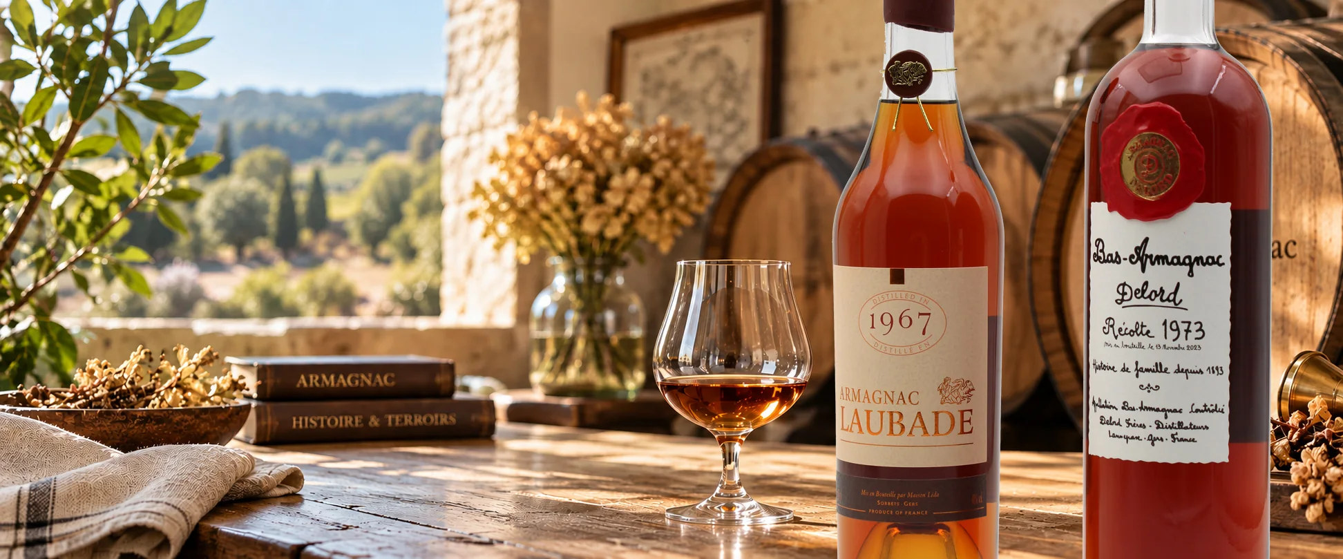 Verre d’Armagnac et bouteille Château de Laubade dans une lumière dorée