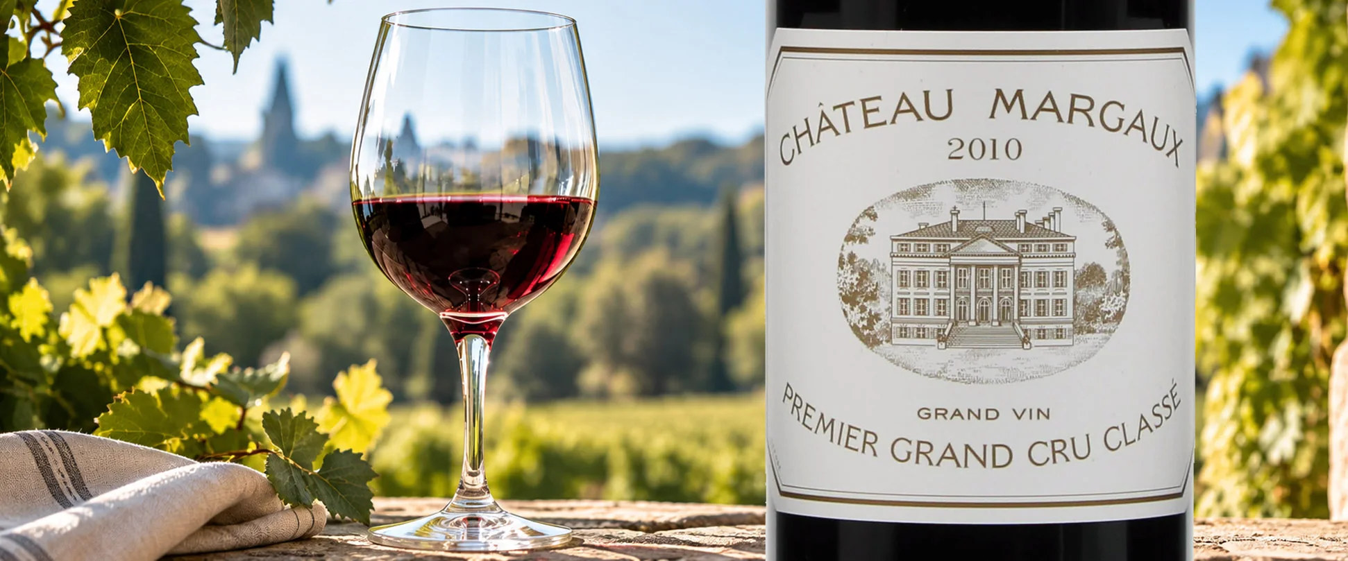 Verre de vin rouge et bouteille de grand vin devant un paysage de vignes