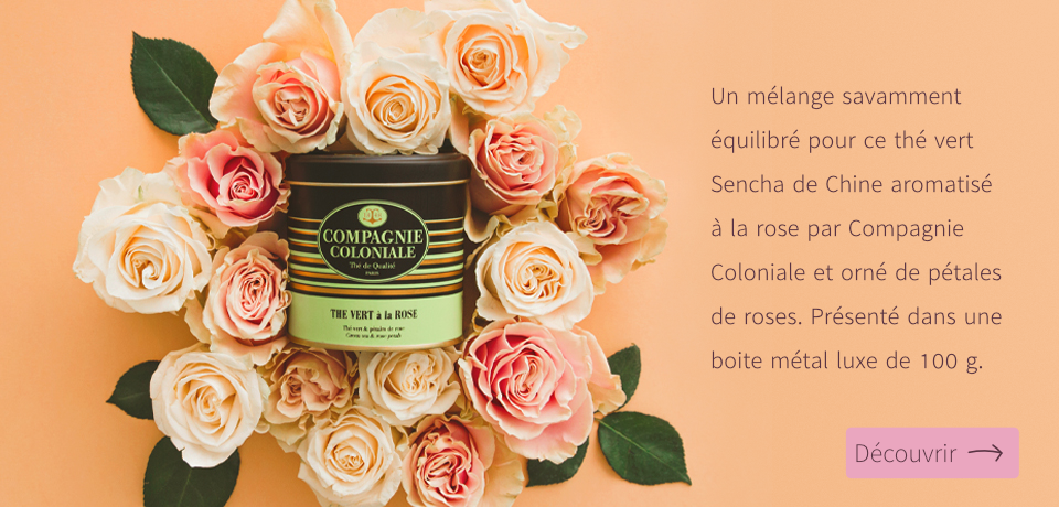 Un mélange savamment équilibré pour ce thé vert Sencha de Chine aromatisé à la rose par Compagnie Coloniale et orné de pétales de roses. Présenté dans une boite métal luxe de 100 g.