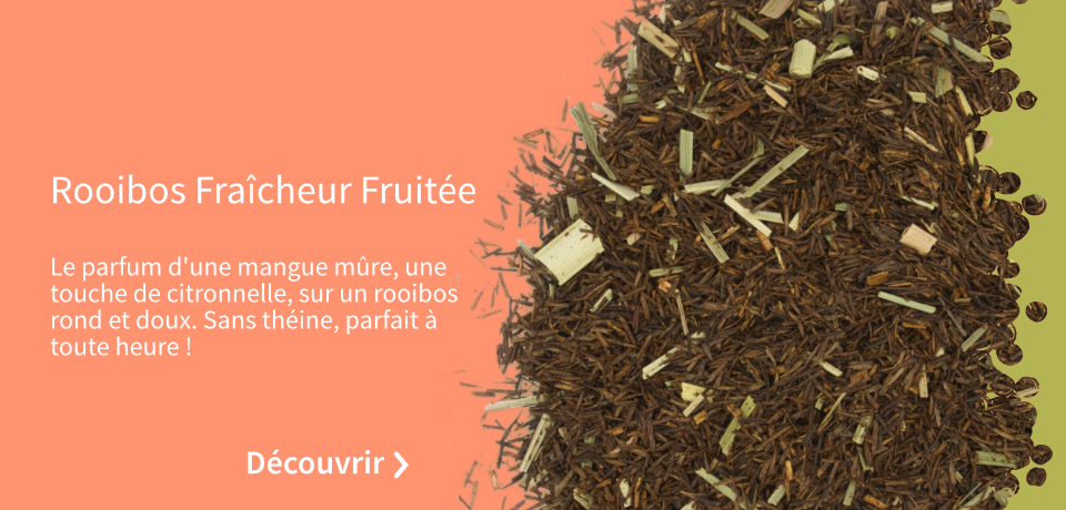 Le parfum d'une mangue mûre, une touche de citronnelle, le tout porté par un rooibos rond et doux. Simple, sans théine, parfait à toute heure !