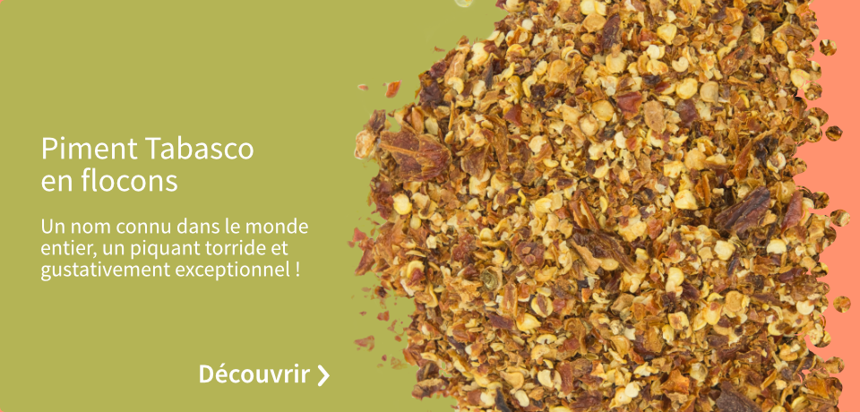 Un nom connu dans le monde entier ! Le piment Tabasco, ici en flocons, est à la source de la sauce piquante du même nom. Un piment torride, puissant et gustativement exceptionnel, pour les amateurs de cuisine qui pique !