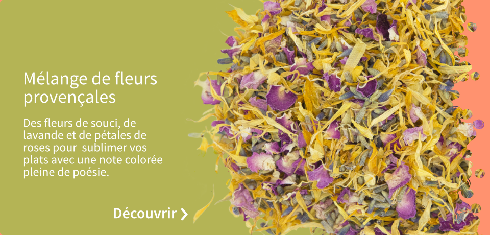 Un mélange de fleurs de souci, de lavande et de pétales de roses qui sublimera vos plats en leur apportant une note de couleur. À utiliser en infusion ou en décoration, ce mélange de fleurs mettra une touche de poésie dans vos préparations.