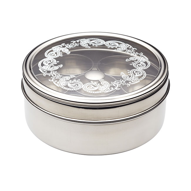 Boîte à Épices Masala Dabba - 9 Récipients En Inox + 2 Cuillères - Diamètre 22 Cm - Couvercle Transparent