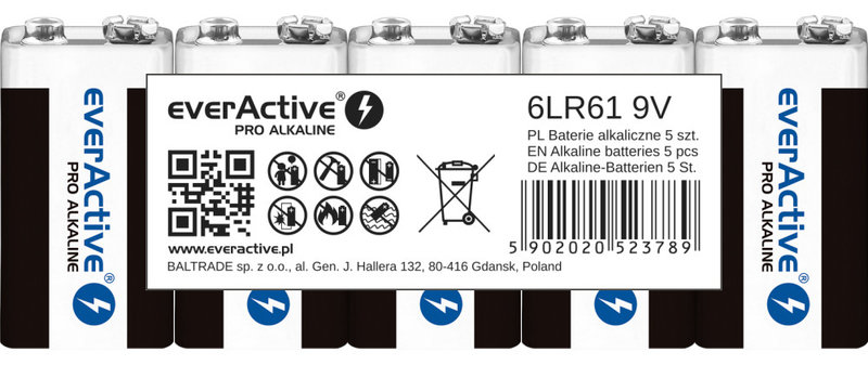 5 piles alcalines 9 V 6LR61 Everactive Pro