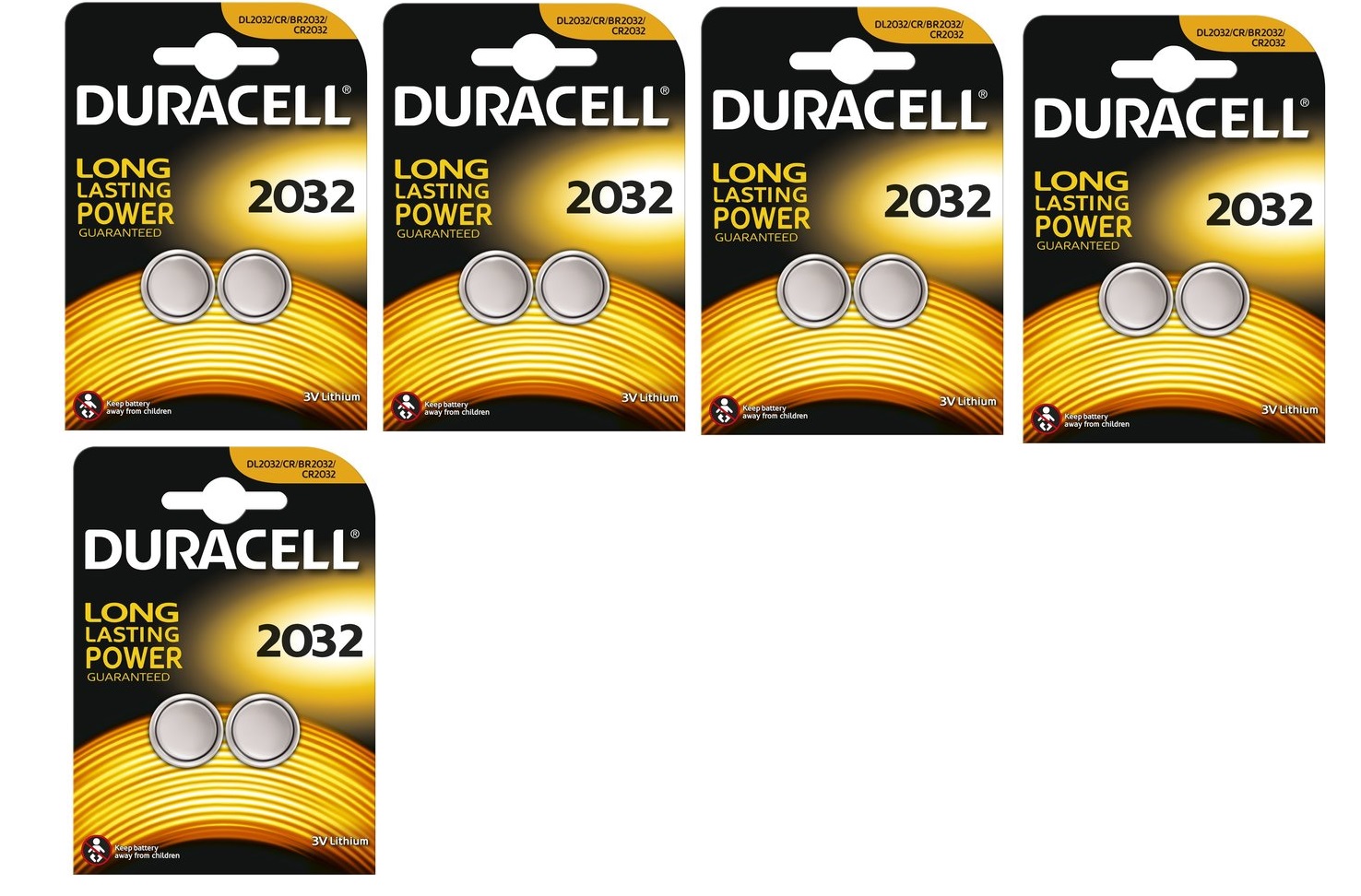 10 piles lithium CR2032 Duracell en blisters de 2