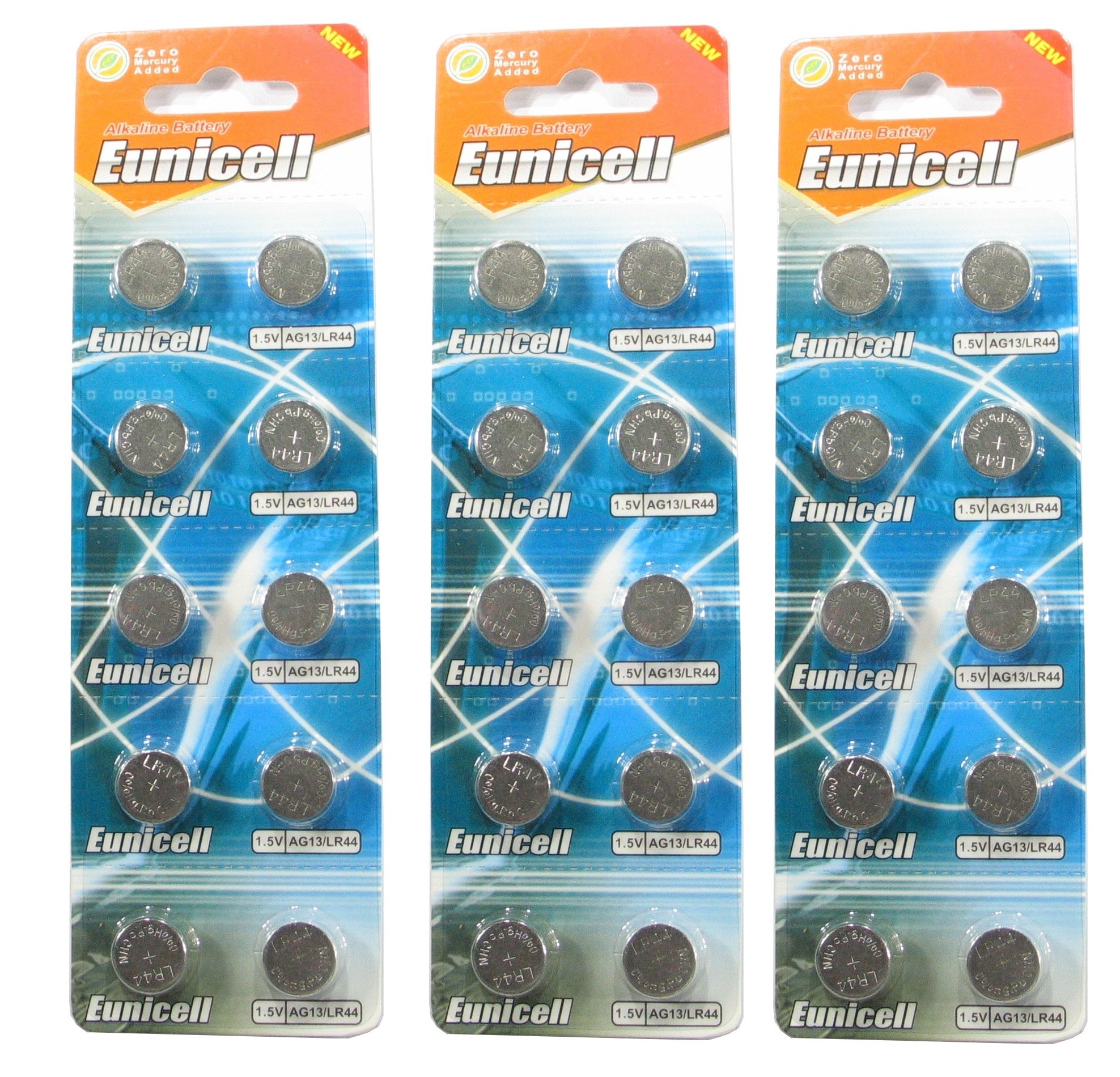 30 piles bouton alcalines LR44 AG13 Eunicell