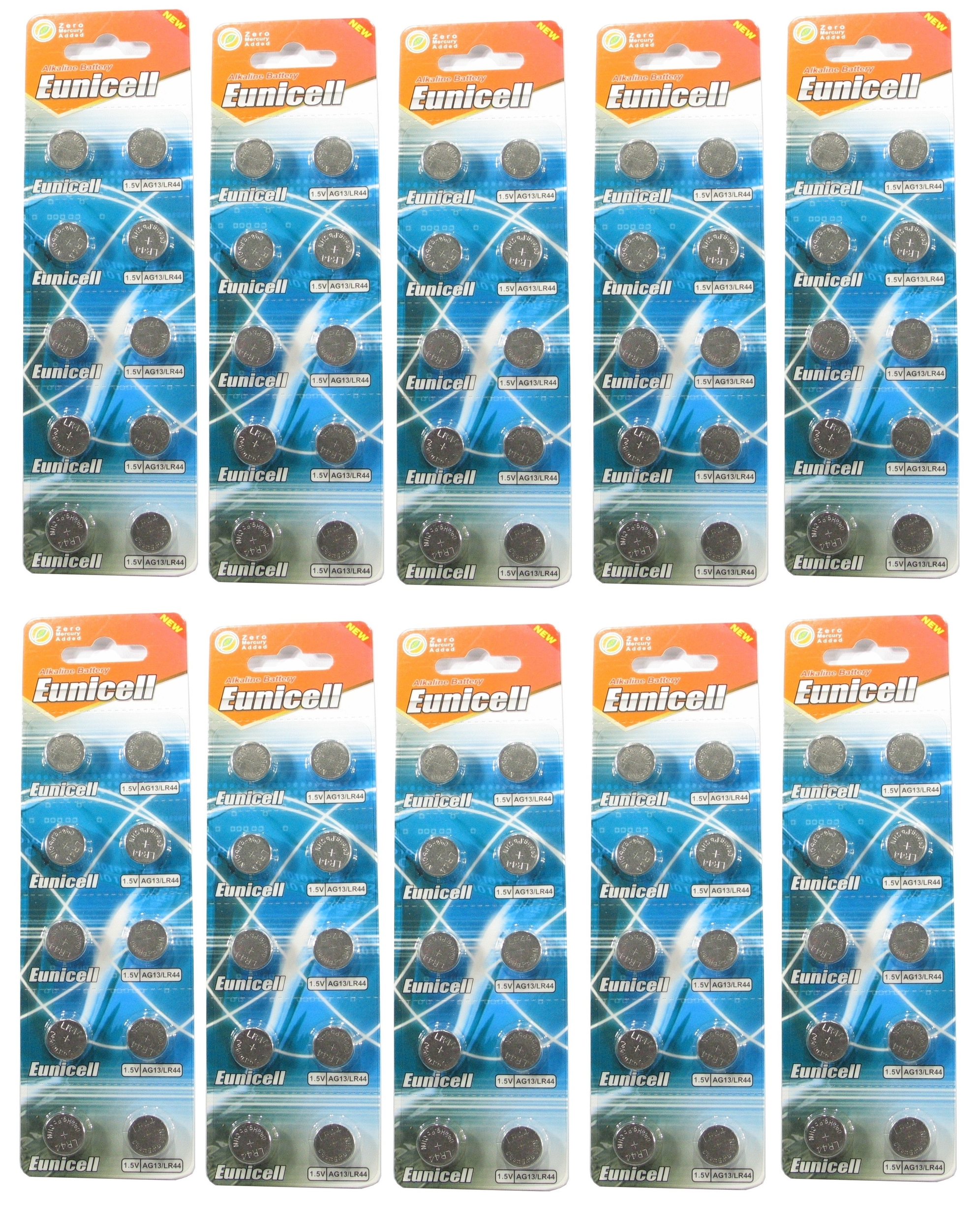100 piles bouton alcalines LR44 AG13 Eunicell