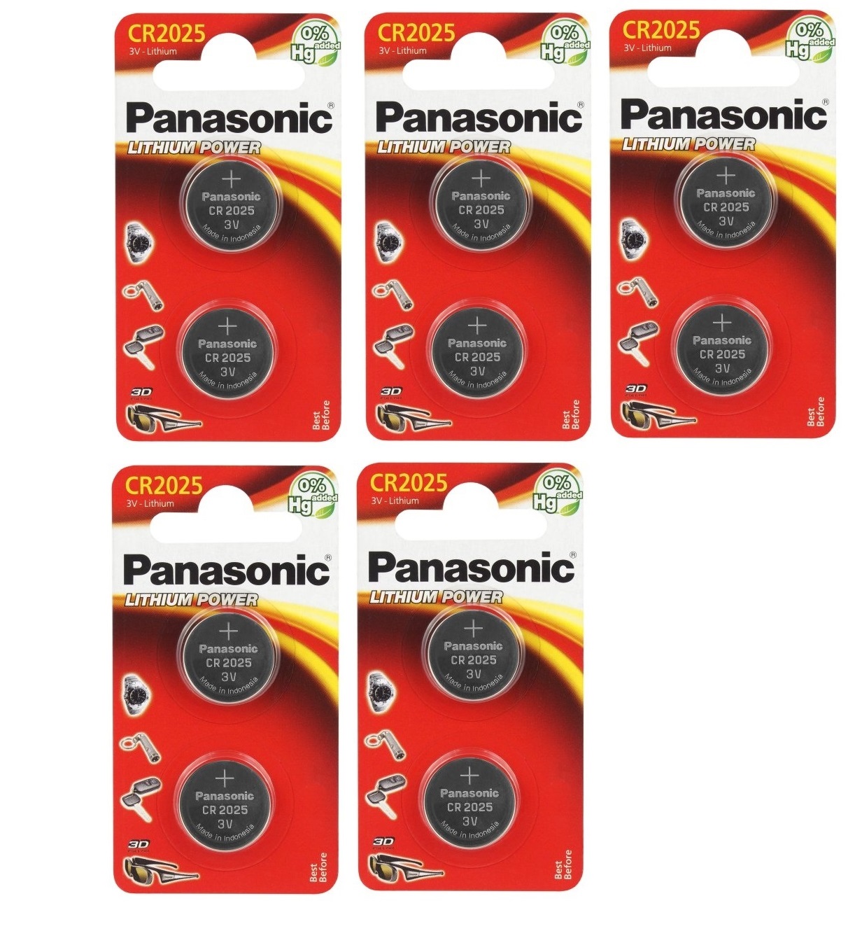 10 piles lithium CR2025 Panasonic en blisters de 2