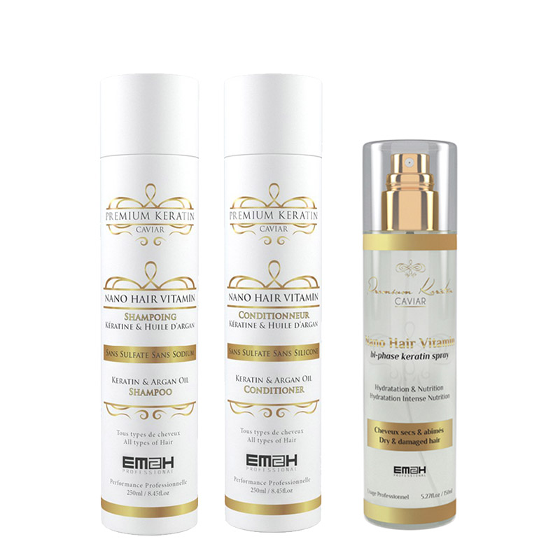 Premium Keratin Caviar - Kit Entretien Lissage Brésilien - Shampoing + Conditionneur + Nano Hair Vitamin Spray Bi-phase