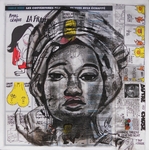tableau art artiste contemporain africaine ethnique moderne nigéria papier journal fusain noir et blanc portrait