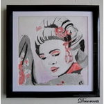 cadre déco aquarelle pinture geisha japon portrait femme noir rouge