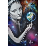 tableau art artiste contemporain femme noir et blanc espace terre étoile cosmos multicolore