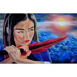 tableau art contemporain femme samourai sabre plume coucher de soleil