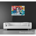 tableau art artiste peint à la main femme multicolore tache peinture jaune turquoise rouge noir et blanc décoration salon gris.anthracite