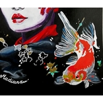 dessin femme geisha carpe koï street art fusain visage poisson