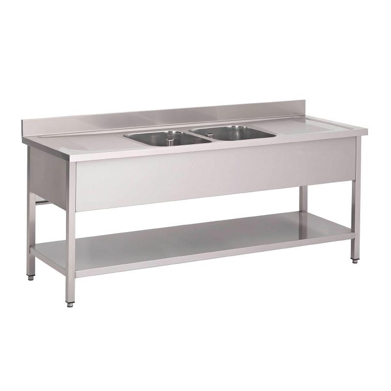 Plonge inox avec étagère basse Gastro M 2 bacs au centre 2000 x 700 x 850mm