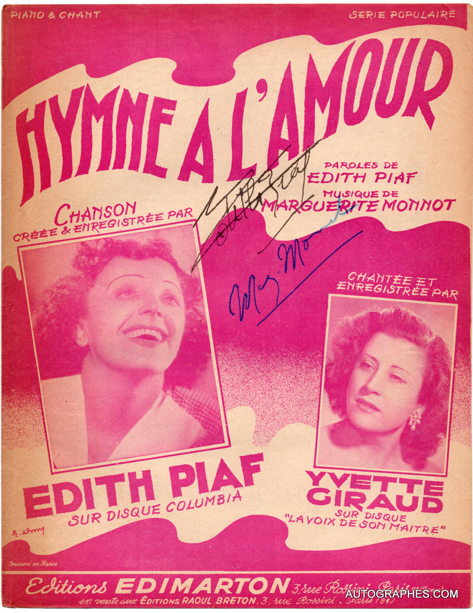 Édith PIAF et Marguerite MONNOT - Partition Hymne à l\'amour signée par l\'auteur-interprète et la compositrice
