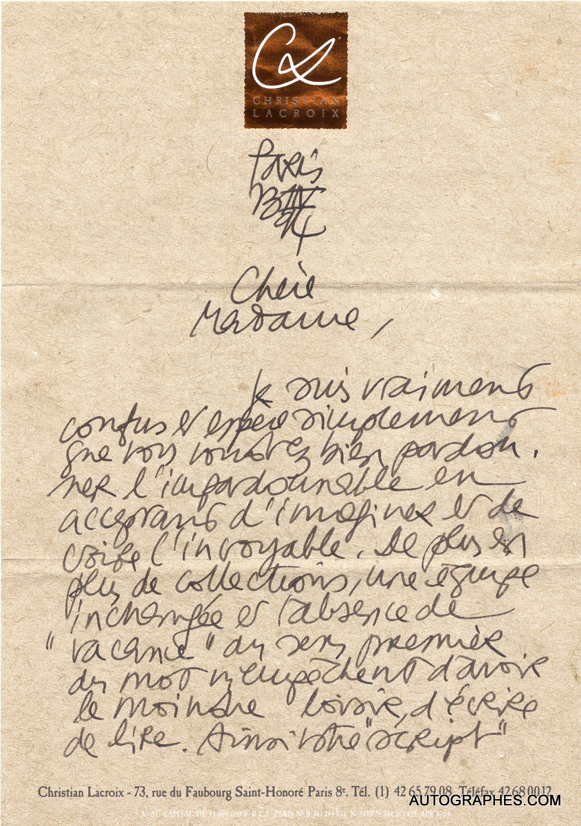 lettre-autographe-signee-christian-lacroix-mode-haute-couture-1994-1