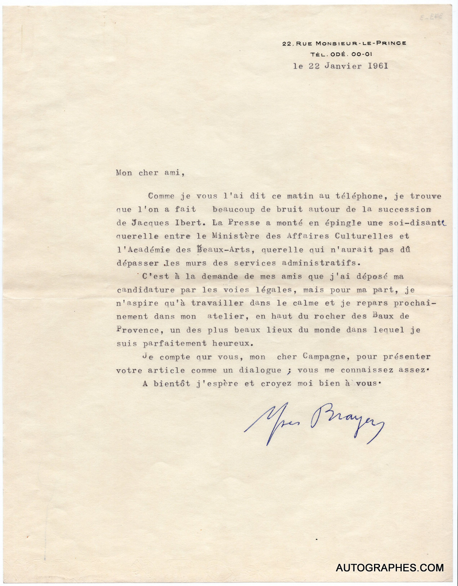lettre-autographe-signee-yves-brayer-22-janvier-1961