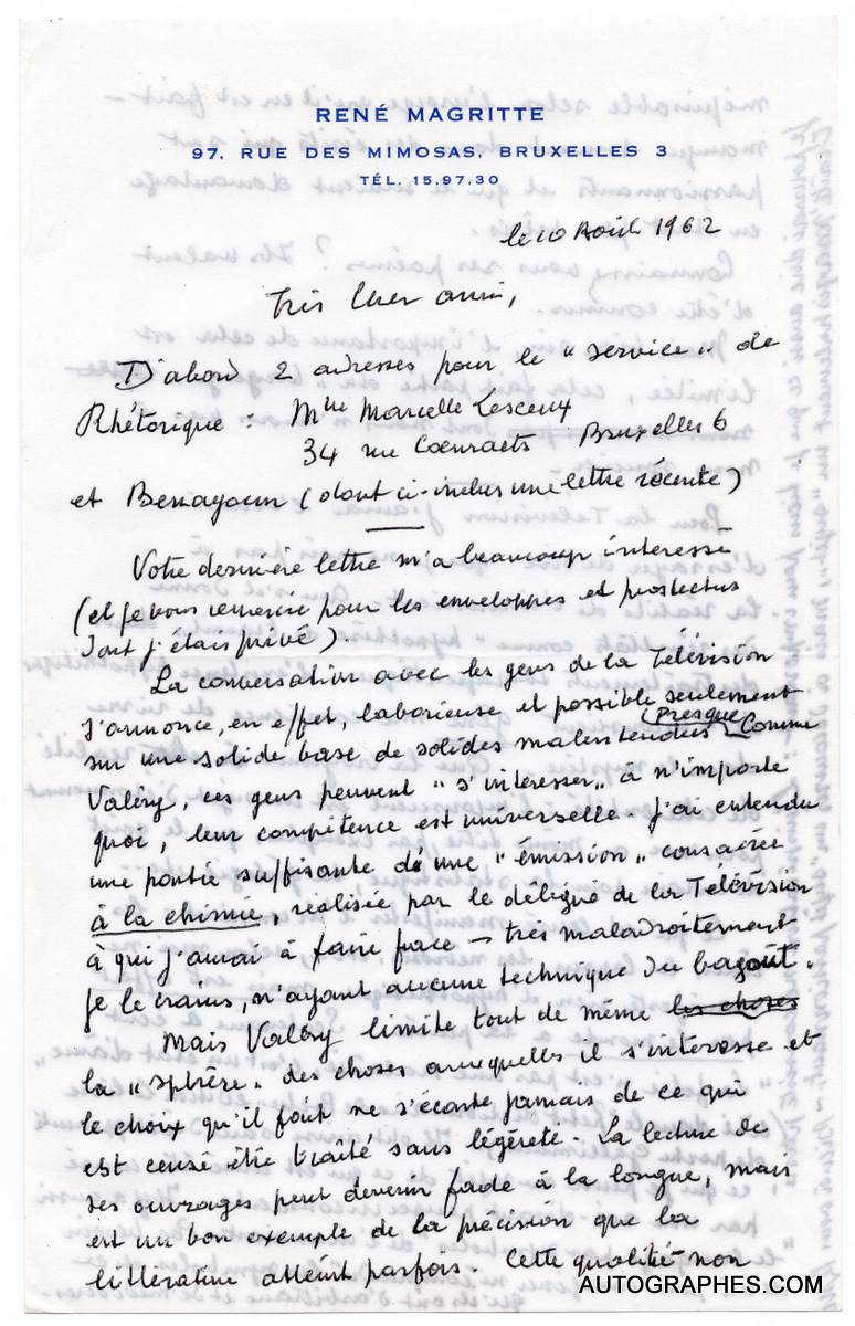René MAGRITTE - Lettre autographe signée (10 avril 1962)