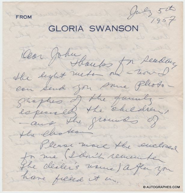 Gloria SWANSON - Lettre autographe signée (1957)