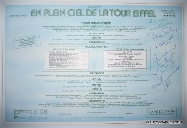 Mohamed ALI - Pierre SALINGER - Michel DRUCKER - Roger GRASS - Françoise GALLIMARD - Menu du restaurant de la Tour Eiffel signé (1976)