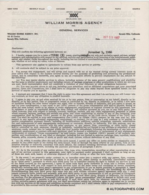 Cyd CHARISSE - Contrat avec signature autographe (1967)