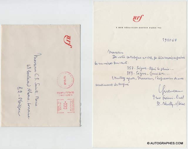 Raymond QUENEAU - Lettre autographe signée (1968)