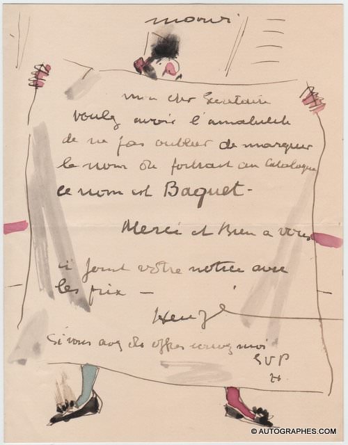 Edmond HEUZÉ - Lettre autographe signée et illustrée d\'un clown