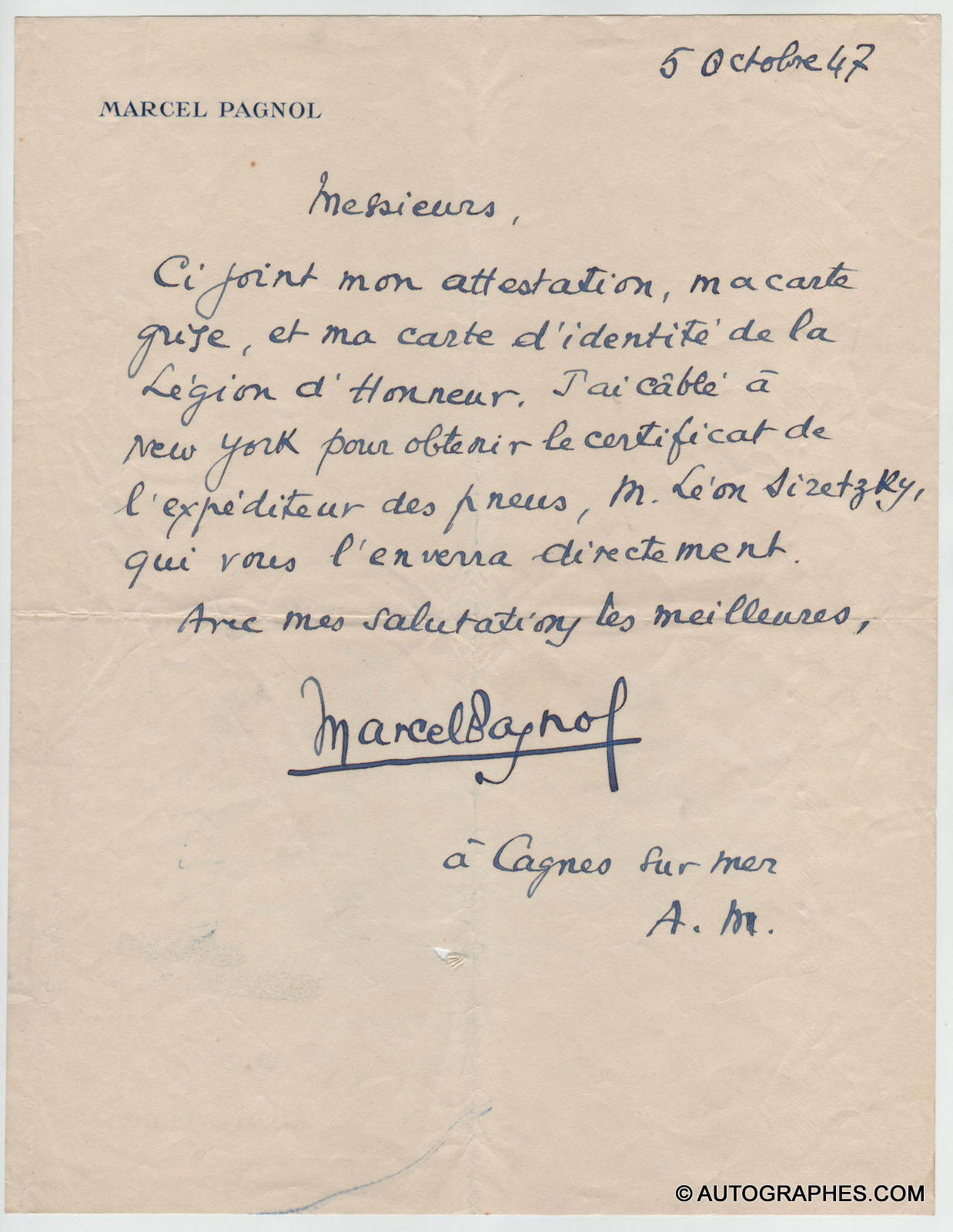 Marcel PAGNOL - Lettre autographe signée (5 octobre 1947)