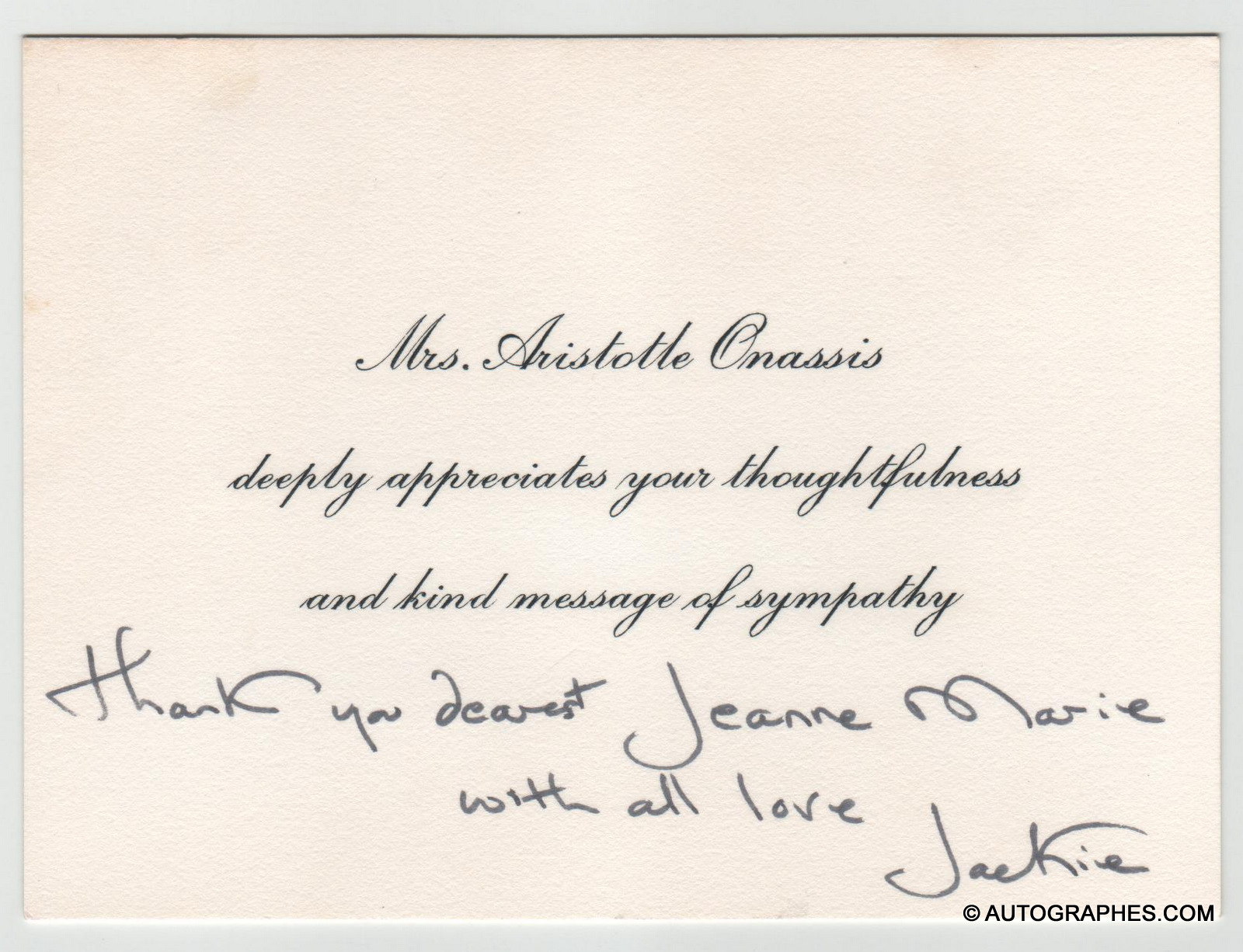 Jacqueline KENNEDY-ONASSIS (Jackie KENNEDY) - Carte autographe signée Jackie (1975)