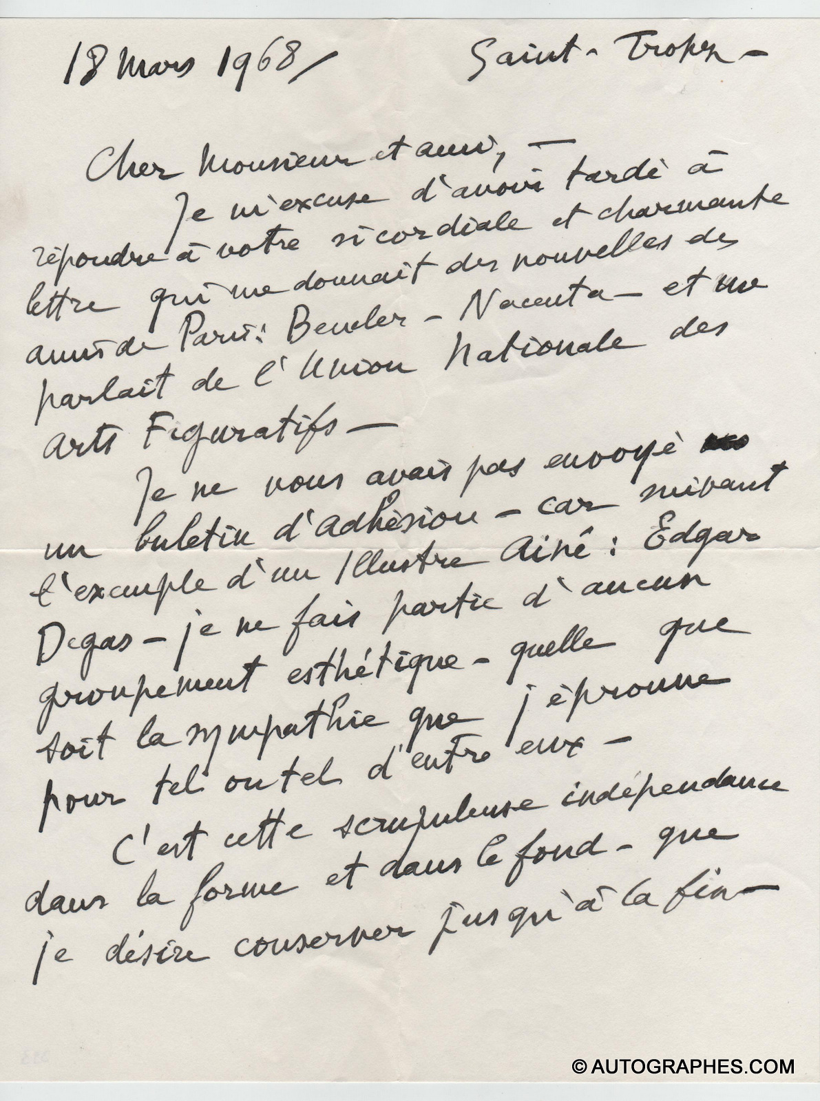 André DUNOYER DE SEGONZAC - Lettre autographe signée (18 mars 1968)