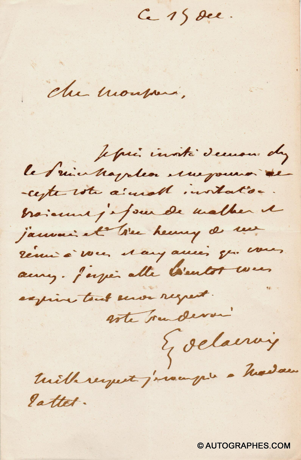 Eugène DELACROIX - Lettre autographe signée à Alfred TATTET