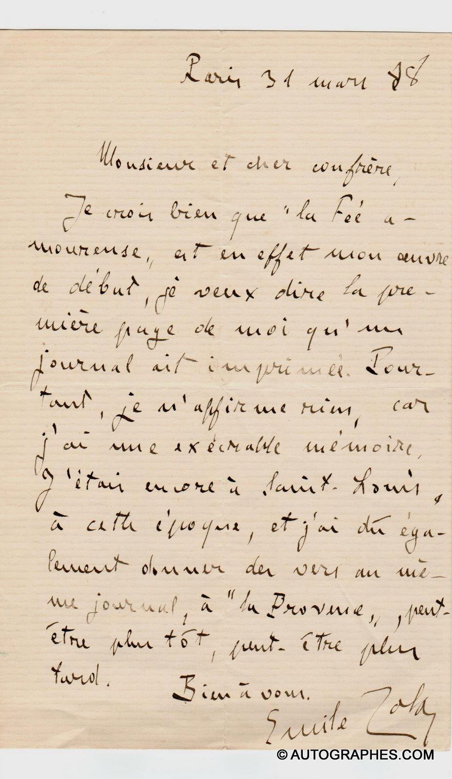 Emile ZOLA - Lettre autographe signée à propos de La Fée amoureuse (31 mars 1888)