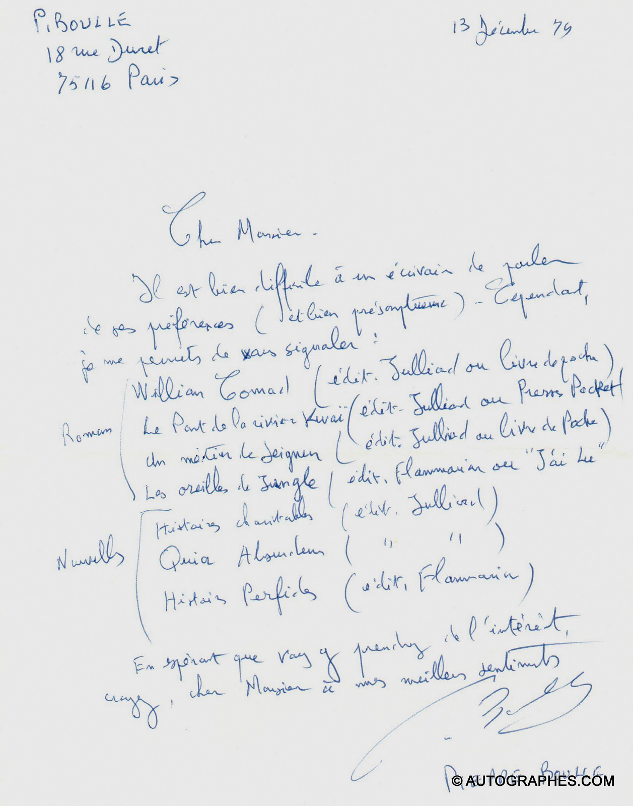 Pierre BOULLE - Lettre autographe signée (13 décembre 1979)