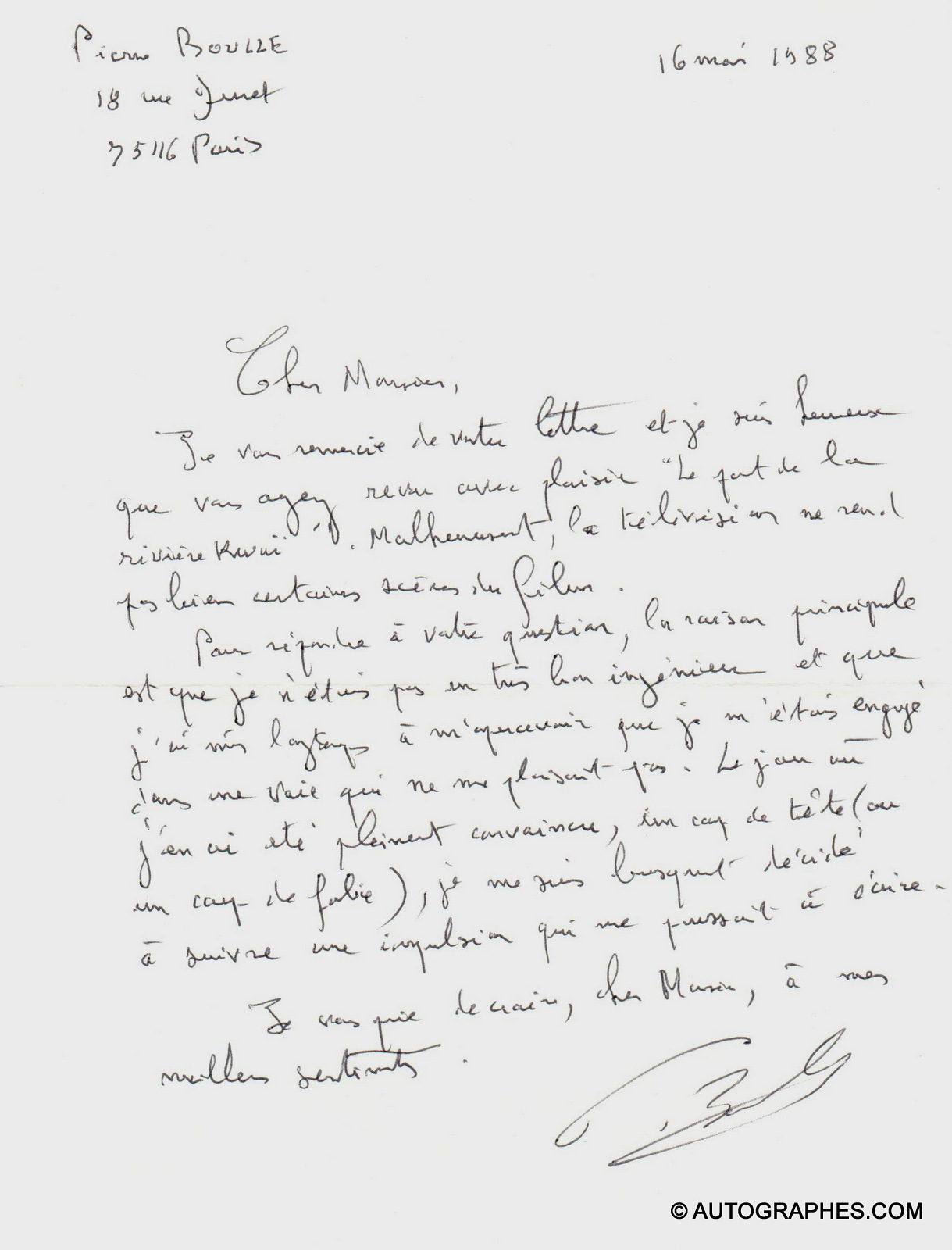 Pierre BOULLE - Lettre autographe signée (16 mai 1988)