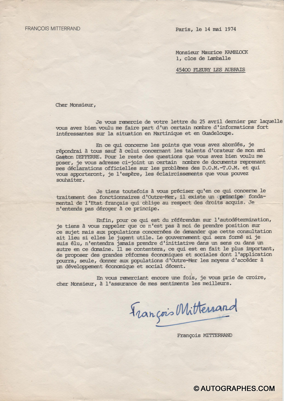 MITTERRAND François - Lettre dactylographiée signée (14 mai 1974)