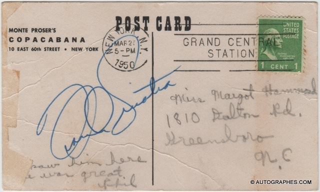 Frank SINATRA - Carte postale avec signature autographe (Copacabana Club / 1950)