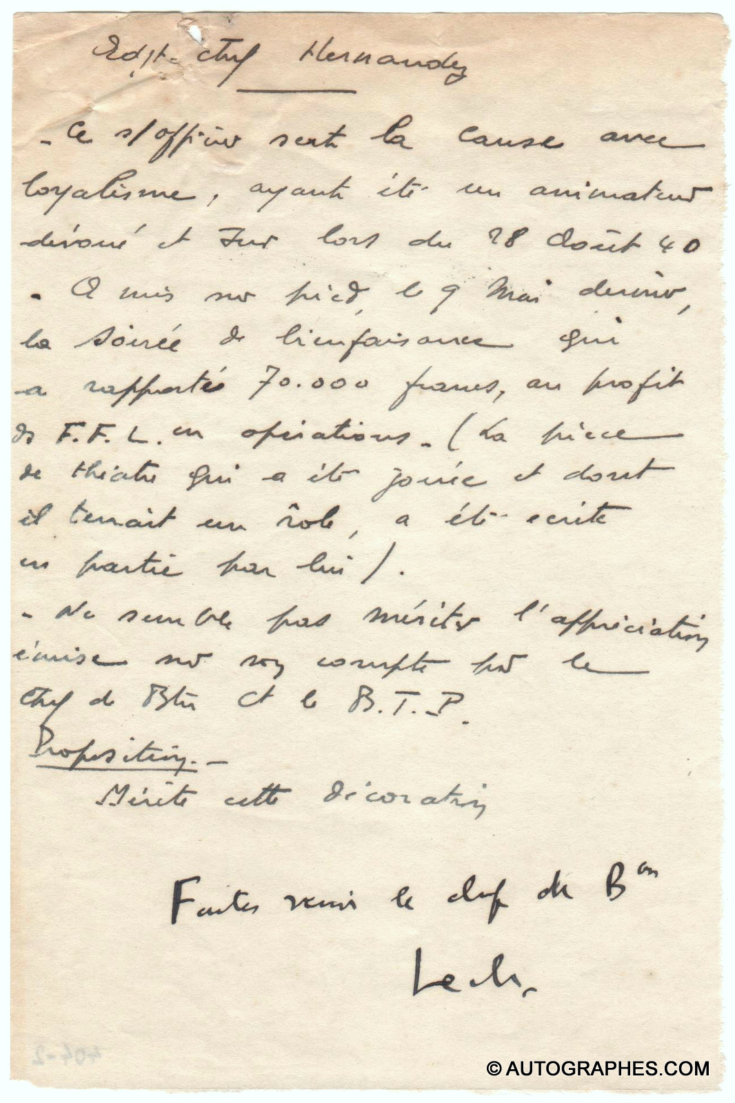 Général LECLERC - Document signé avec apostille autographe (1942)