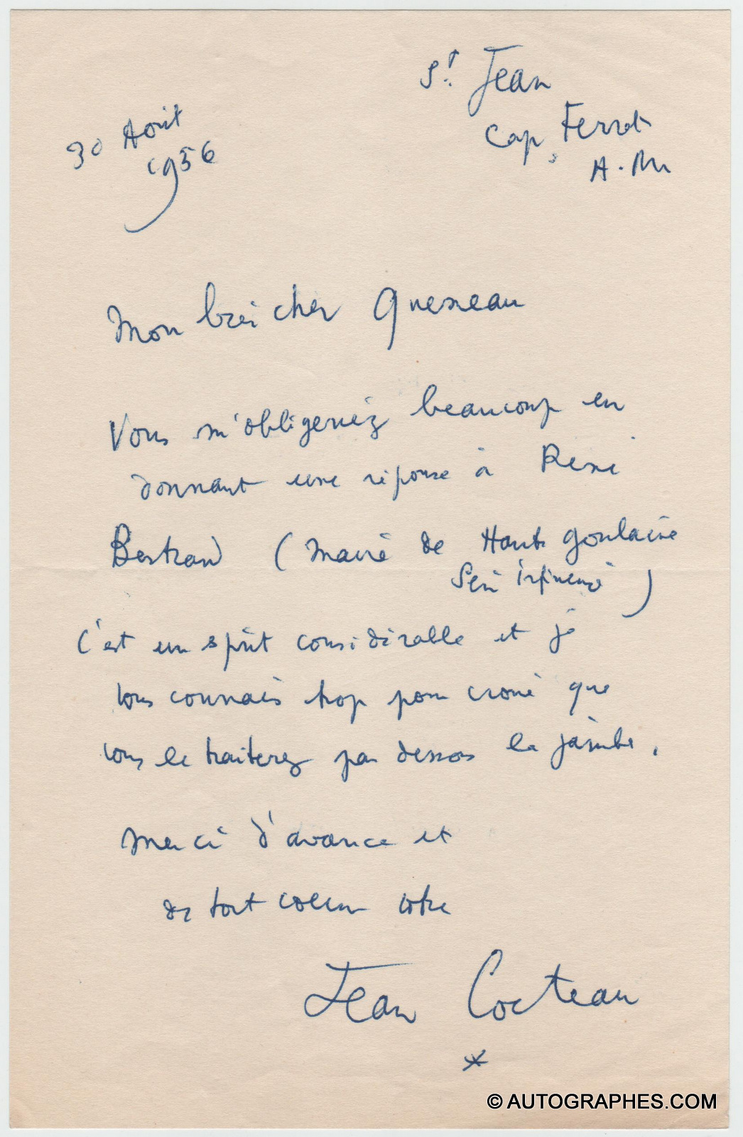 lettre-autographe-signee-jean-cocteau-raymond-queneau-1956