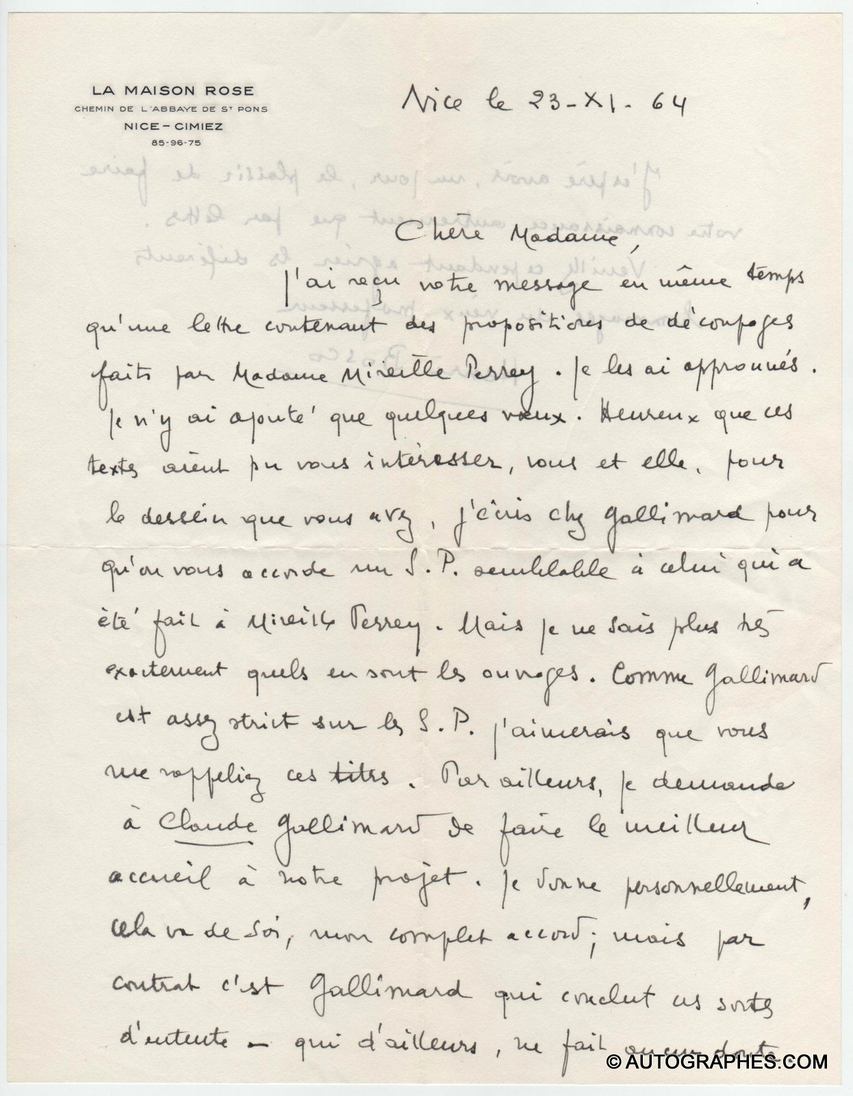 Henri BOSCO - Lettre autographe signée à propos d\'un projet télévisuel (23 novembre 1964)