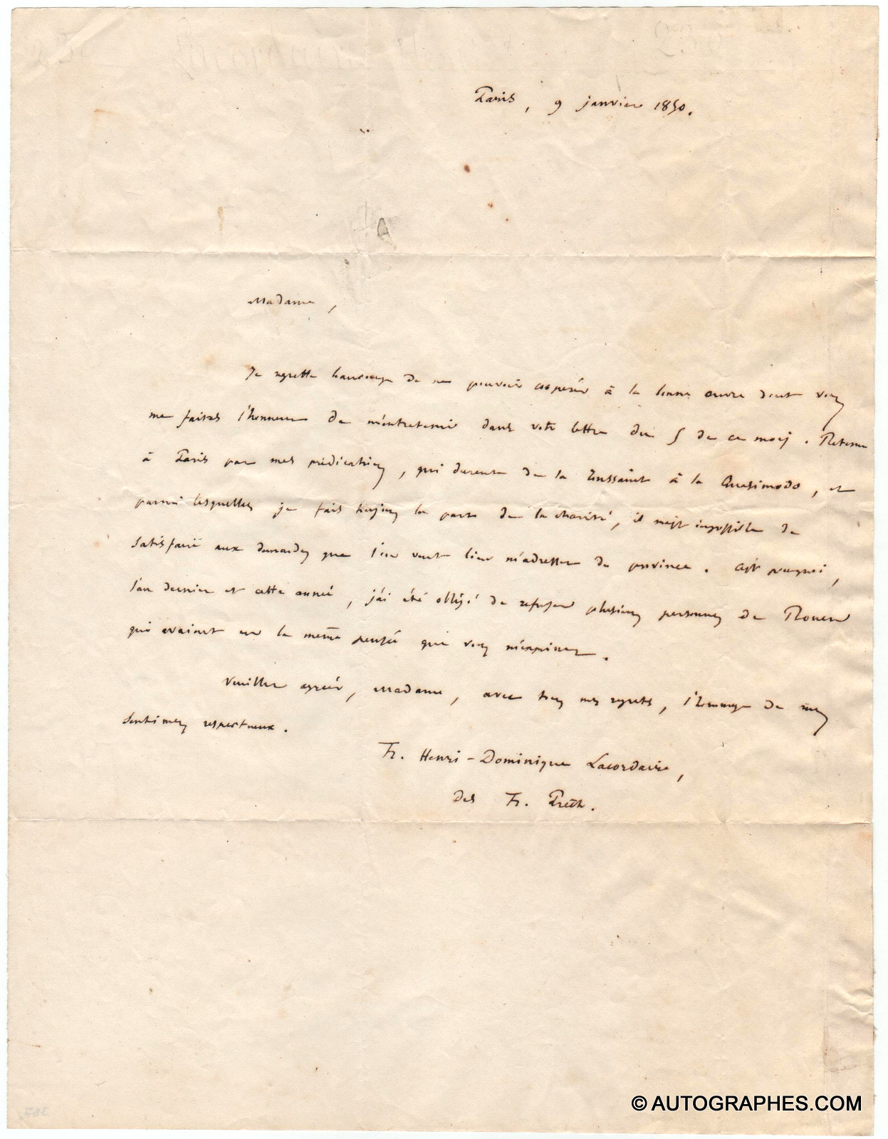 Henri-Dominique LACORDAIRE - Lettre autographe signée à propos de ses prédications (1850)
