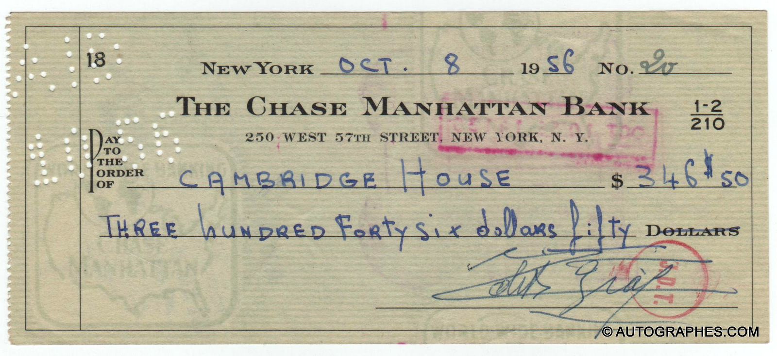 Édith PIAF - Chèque de banque américain signé à New York (1956)