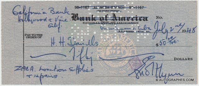 Errol FLYNN - Chèque avec signature autographe (voilier Zaca / Cuba)