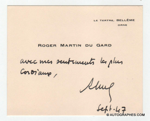 Roger MARTIN DU GARD - Carte de visite autographe signée (septembre 1947)