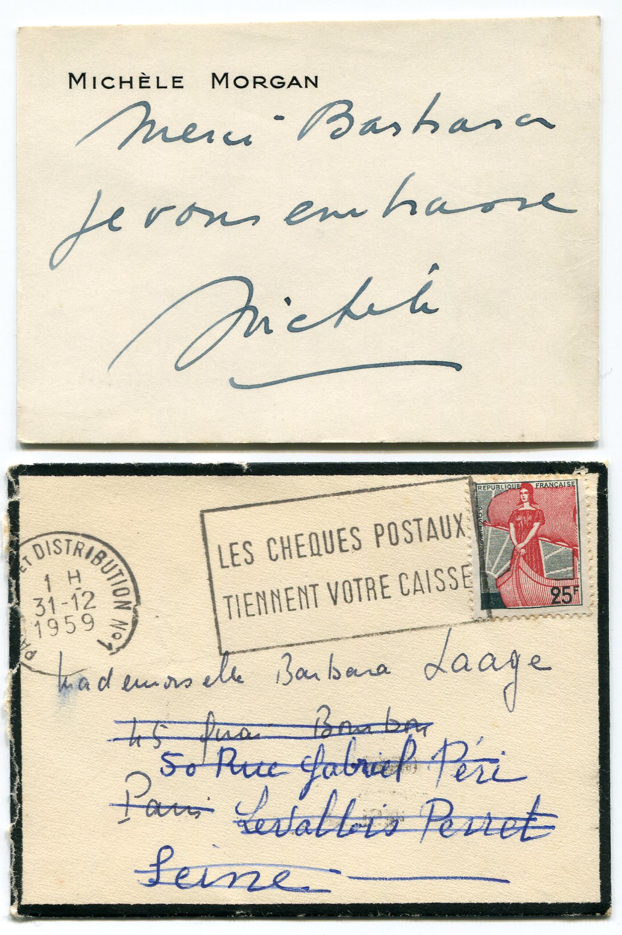 Michèle MORGAN - Carte de visite autographe signée (1959)