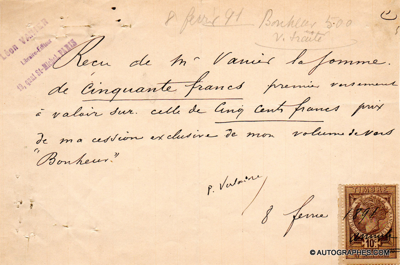Paul VERLAINE - Reçu signé relatif à son recueil de poèmes Bonheur (1891)