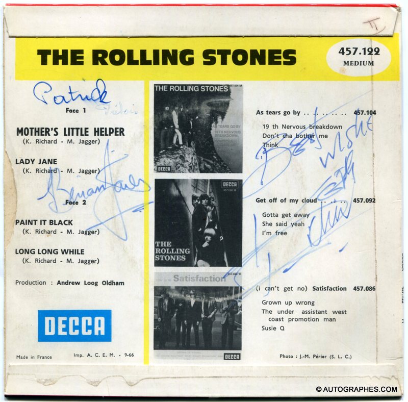 [THE ROLLING STONES] Brian JONES et Keith RICHARDS - Signatures autographes sur le 45 tours Mother\'s Little Helper