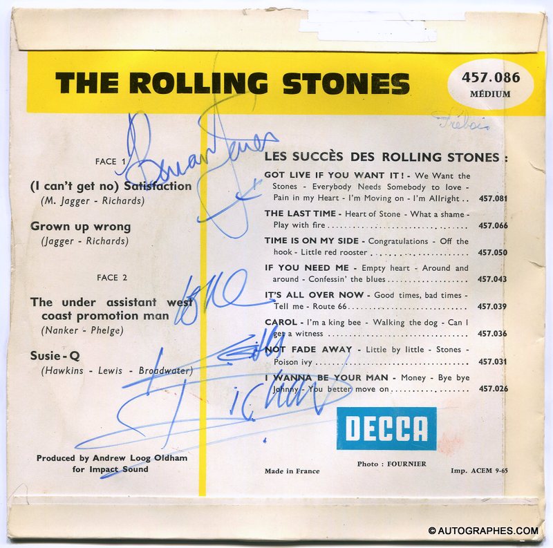 [THE ROLLING STONES] Brian JONES et Keith RICHARDS - Signatures autographes sur le 45 tours (I Can\'t Get No) Satisfaction